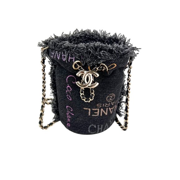 Chanel Denim Quilted Mood Mini Bucket With Chain Black - Picture 1 of 10